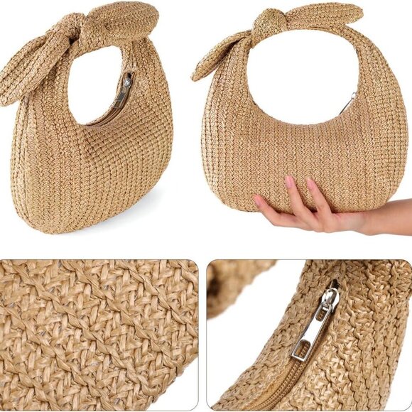 Elegant Woven Handle Handbag - Light Apricot Beach Tote for Stylish Travel - Picture 6 of 9